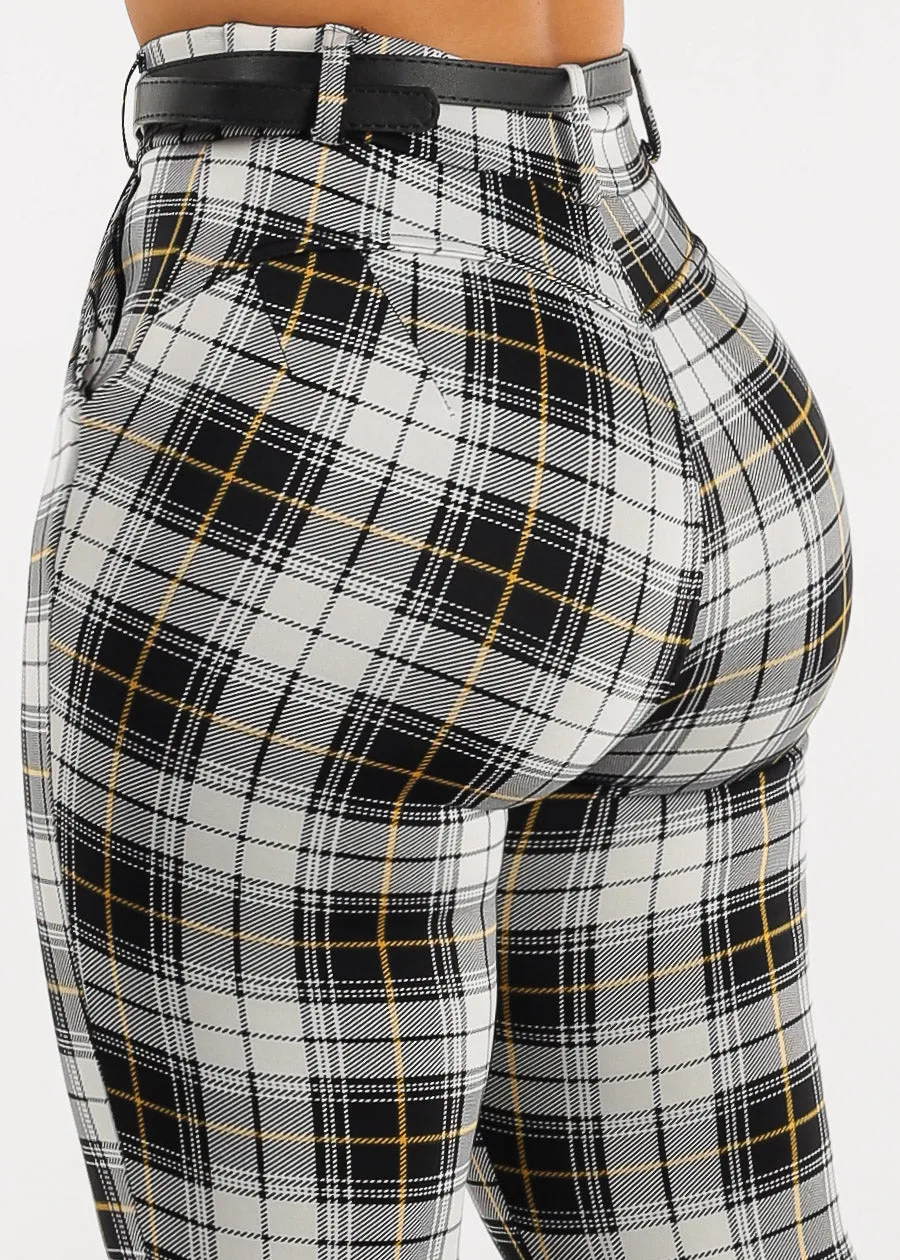 High Waist Plaid Butt Lifting Skinny Pants w Belt sold by Moda