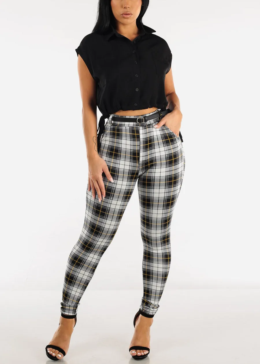 High Waist Plaid Butt Lifting Skinny Pants w Belt sold by Moda product image thumbnail 4