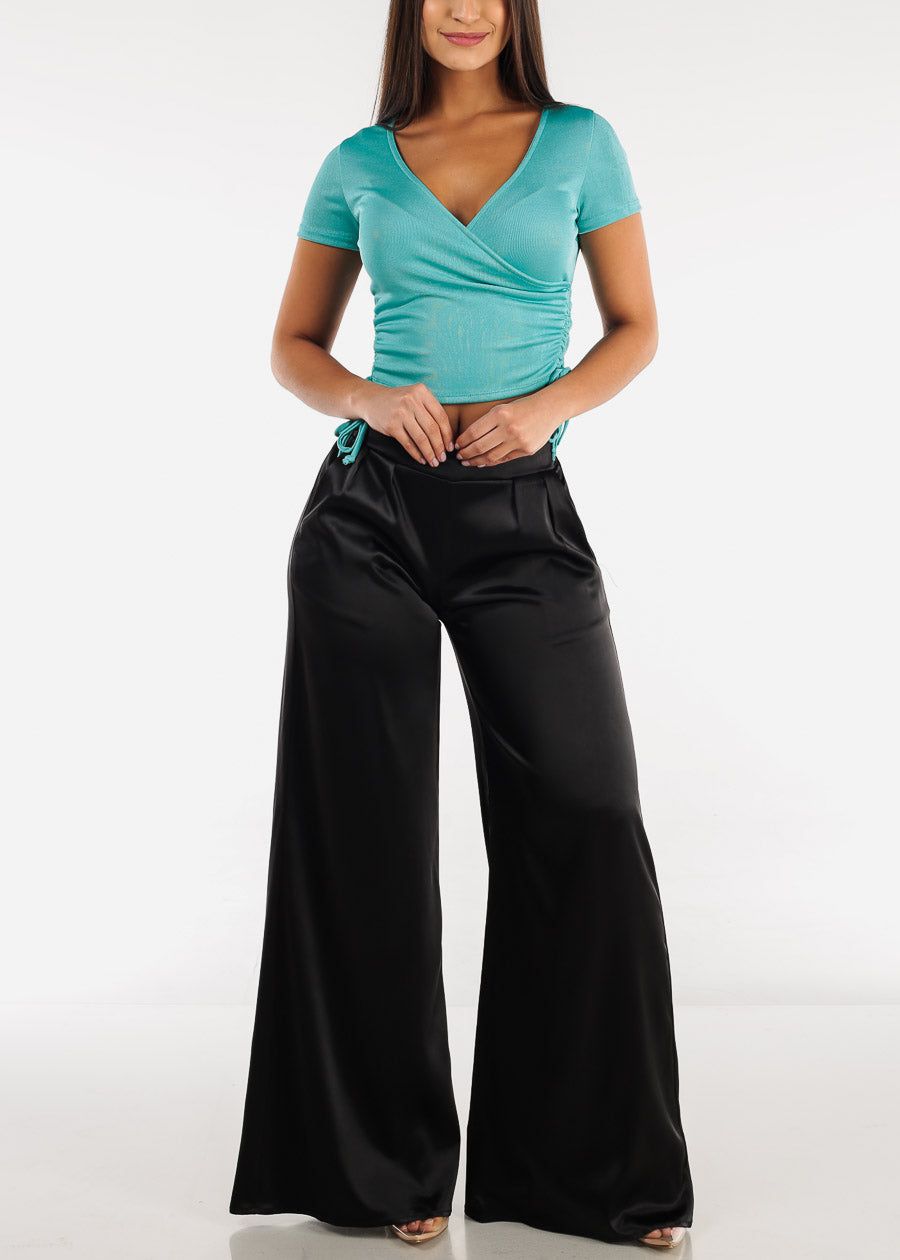 Short Sleeve Surplice Top Aqua w Ruched Sides sold by Moda product image thumbnail 2