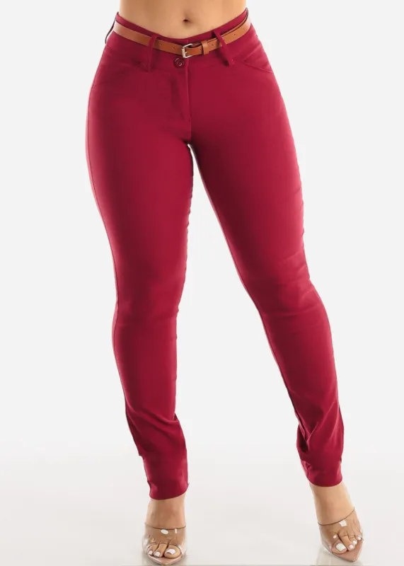 Mid Rise Slim Straight Dressy Pants Burgundy w Belt sold by Moda