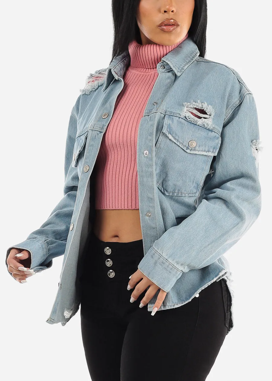 Distressed Snap Button Jean Shacket Light Blue sold by Moda product image thumbnail 3