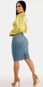 Ruched Satin Denim Pencil Combo sold by Moda