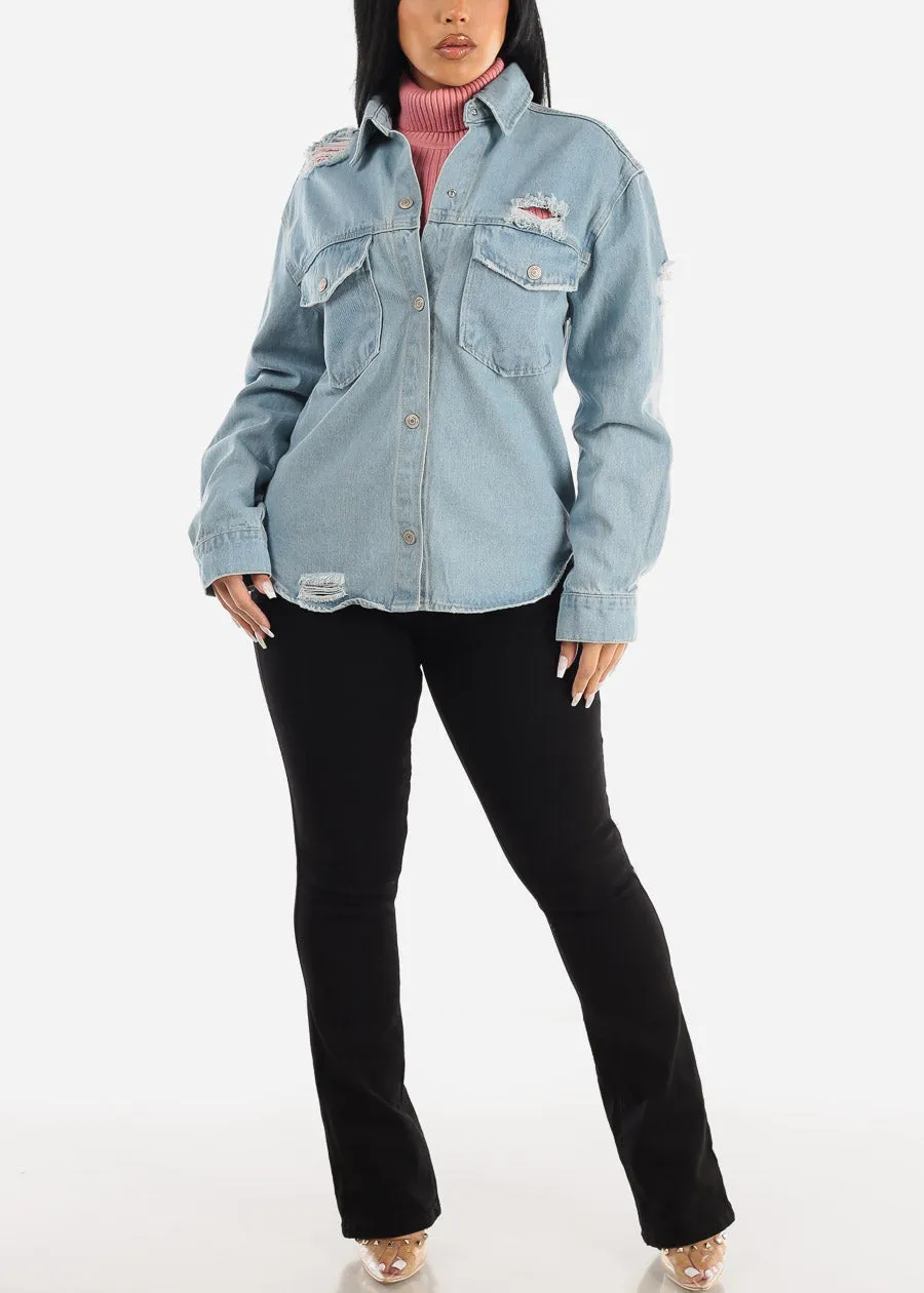 Distressed Snap Button Jean Shacket Light Blue sold by Moda product image thumbnail 4