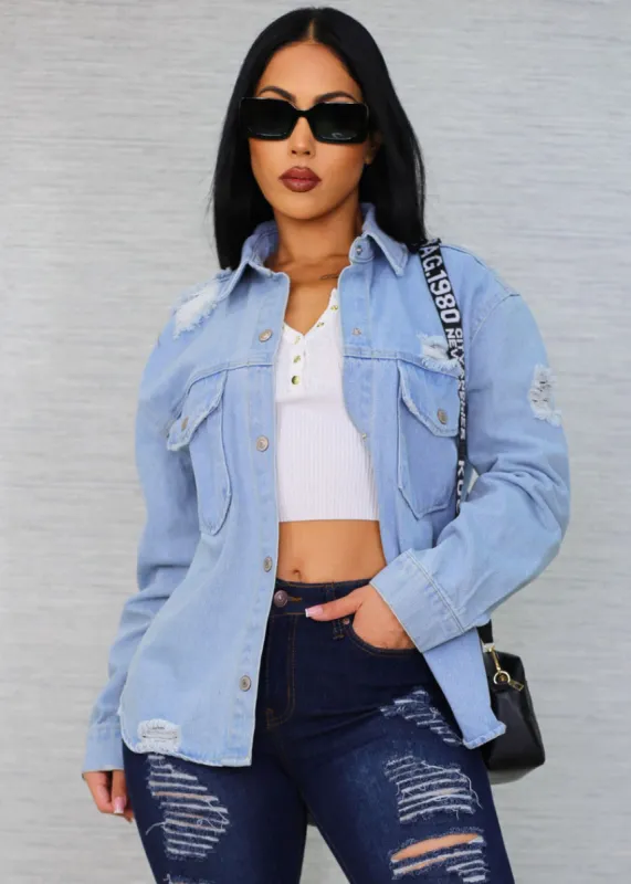 Distressed Snap Button Jean Shacket Light Blue sold by Moda