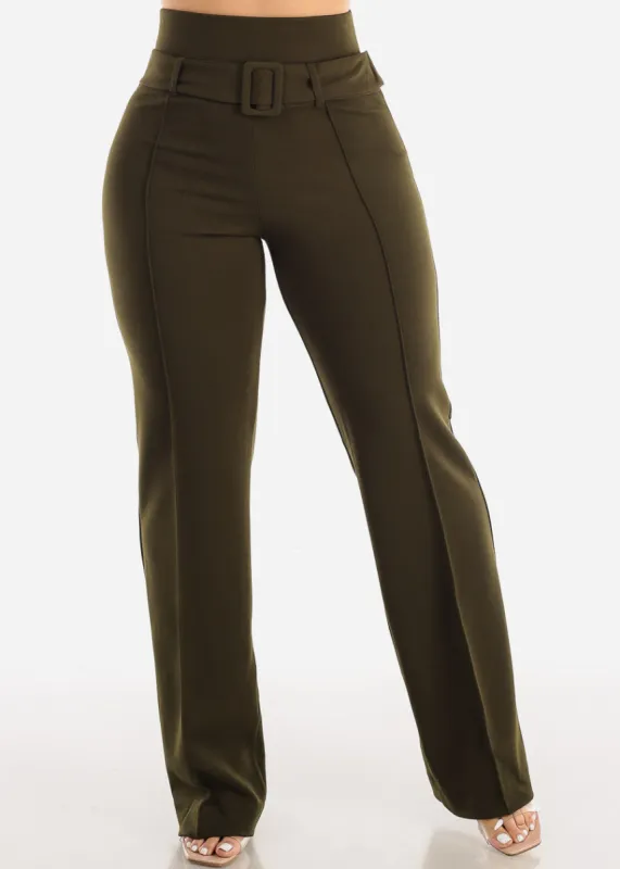 High Waist Straight Leg Stretch Dress Pants w Belt Olive sold by Moda