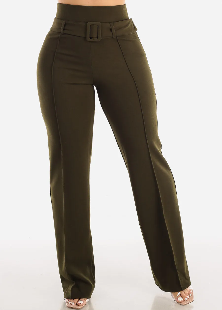 High Waist Straight Leg Stretch Dress Pants w Belt Olive sold by Moda