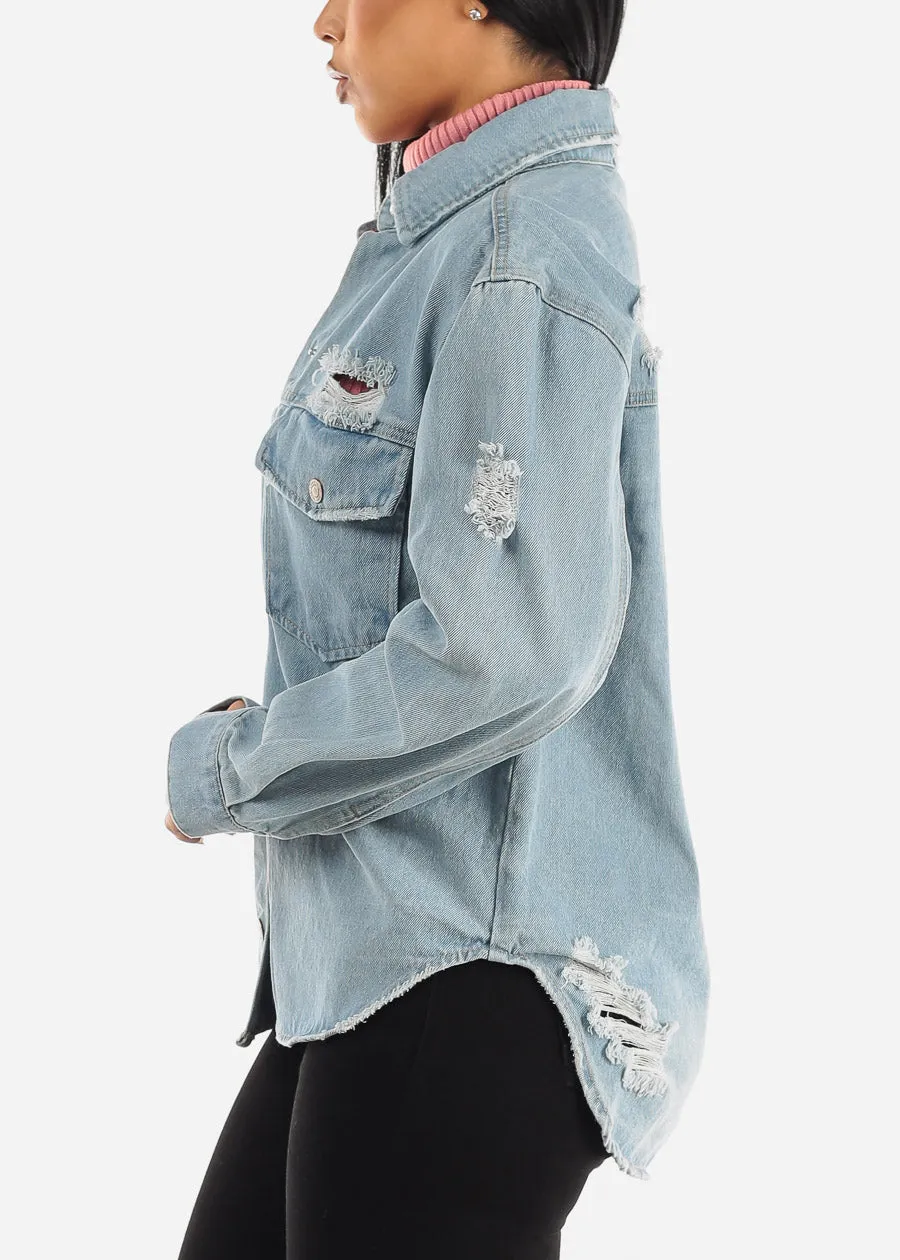 Distressed Snap Button Jean Shacket Light Blue sold by Moda product image thumbnail 5