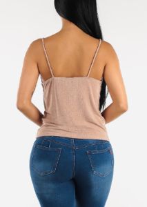 Slinky Stretchy Cami Top with Rhinestone Detail Taupe sold by Moda
