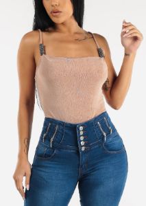Slinky Stretchy Cami Top with Rhinestone Detail Taupe sold by Moda