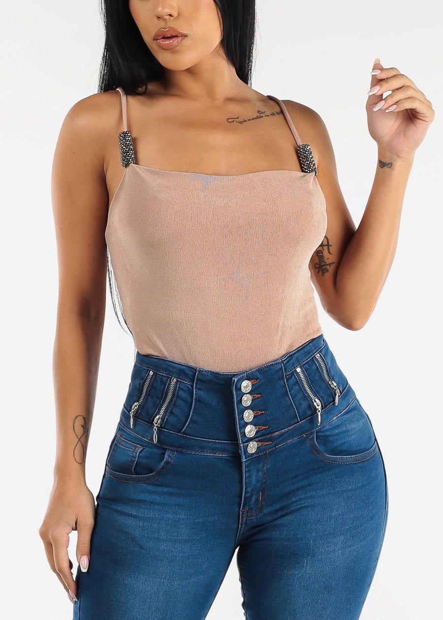 Slinky Stretchy Cami Top with Rhinestone Detail Taupe sold by Moda