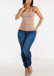 Slinky Stretchy Cami Top with Rhinestone Detail Taupe sold by Moda
