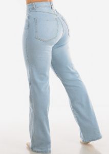 High Waisted Distressed Wide Leg Straight Stretch Light Jeans sold by Moda