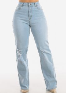 High Waisted Distressed Wide Leg Straight Stretch Light Jeans sold by Moda