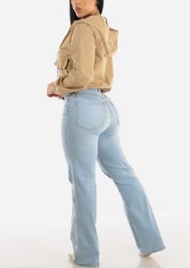 High Waisted Distressed Wide Leg Straight Stretch Light Jeans sold by Moda
