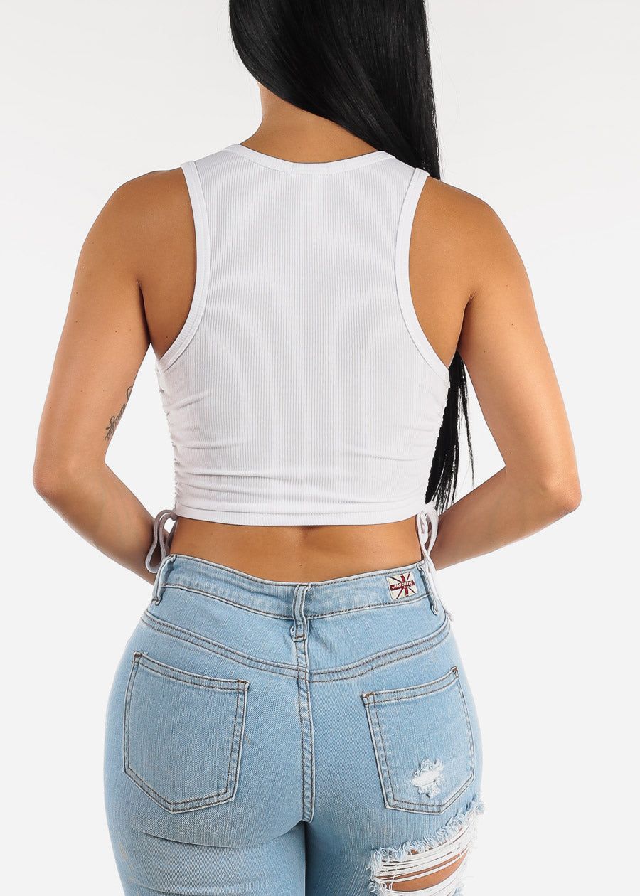 Sleeveless Ribbed White Crop Top w Ruched Drawstring Sides sold by Moda product image thumbnail 4