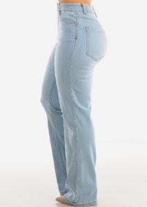 High Waisted Distressed Wide Leg Straight Stretch Light Jeans sold by Moda