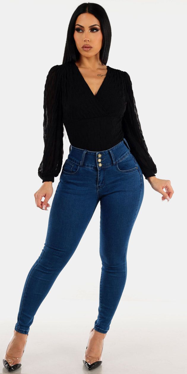 High Waist Denim Surplice Blouse Combo sold by Moda