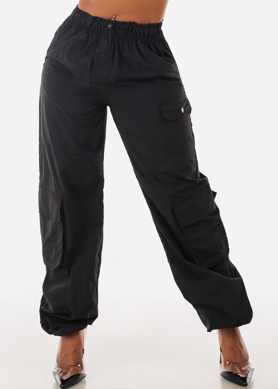 Lightweight High Waisted Black Parachute Cargo Pants sold by Moda
