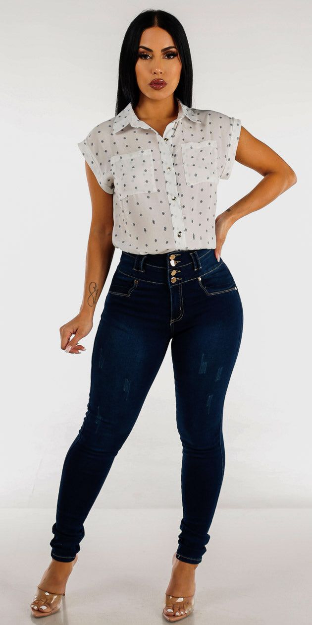 Dark Blue Butt Lift Skinny Jeans with Short Sleeve White Polka Dot Shirt sold by Moda