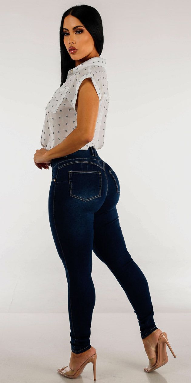 Dark Blue Butt Lift Skinny Jeans with Short Sleeve White Polka Dot Shirt sold by Moda product image thumbnail 2
