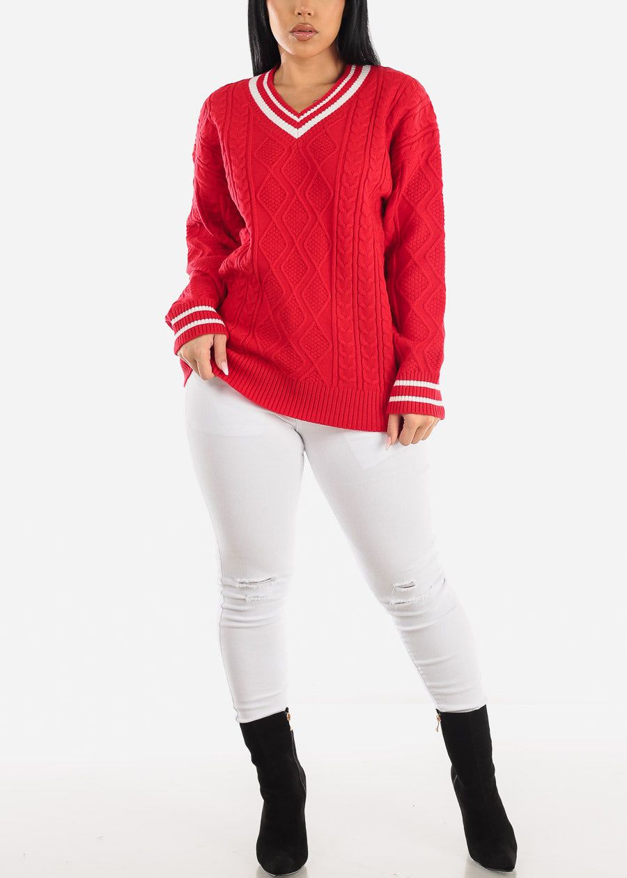 Long Sleeve Cable Knit V Neck Sweater Red sold by Moda product image thumbnail 2