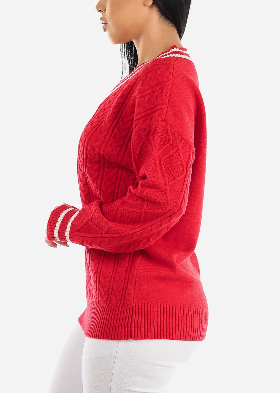 Long Sleeve Cable Knit V Neck Sweater Red sold by Moda product image thumbnail 3