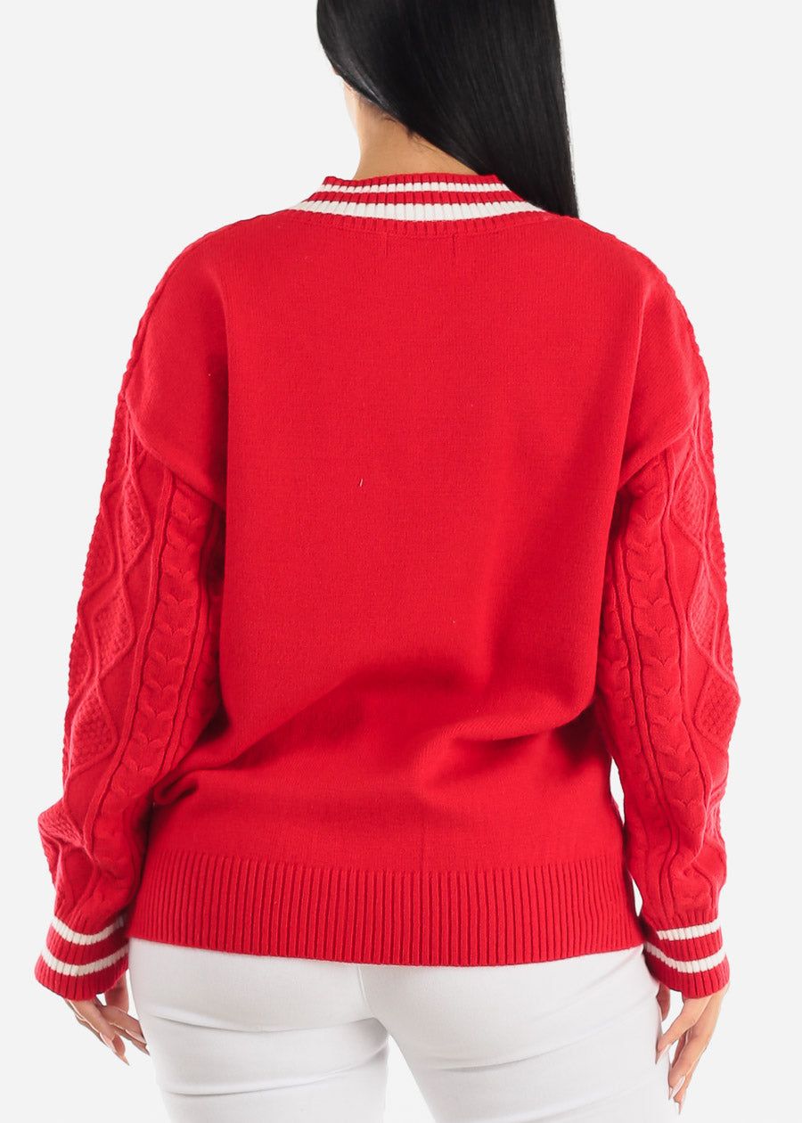 Long Sleeve Cable Knit V Neck Sweater Red sold by Moda product image thumbnail 4