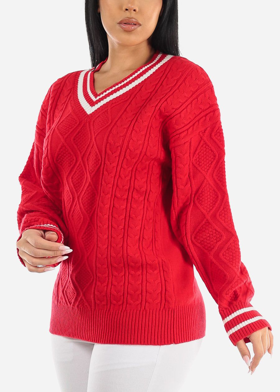 Long Sleeve Cable Knit V Neck Sweater Red sold by Moda