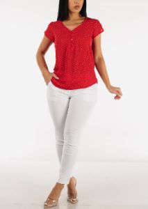 Short Sleeve Polka Dot Chiffon Blouse Red sold by Moda