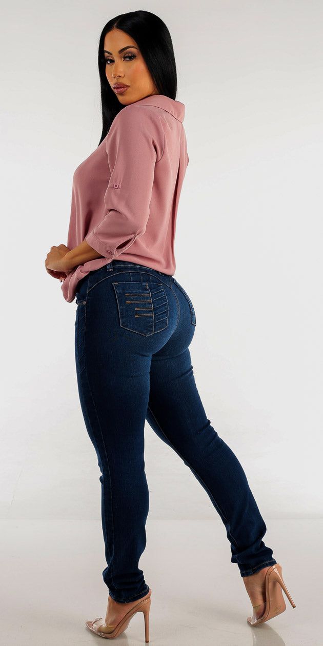 Butt Lifting Levantacola Dark Blue Skinny Jeans with Mauve High Low Tunic sold by Moda product image thumbnail 2