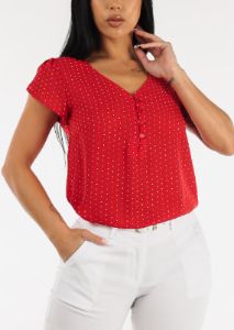 Short Sleeve Polka Dot Chiffon Blouse Red sold by Moda