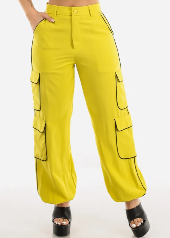 High Waist Lime Cargo Jogger Pants w Black Trim sold by Moda