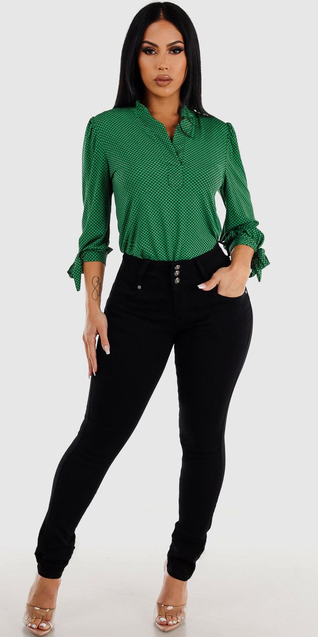 Black Butt Lifting Mid Rise Skinny Jeans with Quarter Sleeve Printed Green Blouse sold by Moda