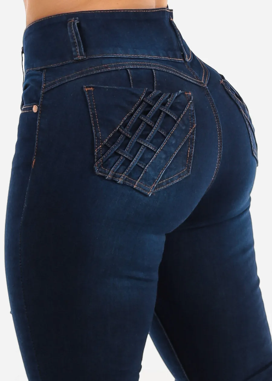 Ripped Levanta Cola Skinny Jeans Dark Blue w Braided Pockets sold by Moda