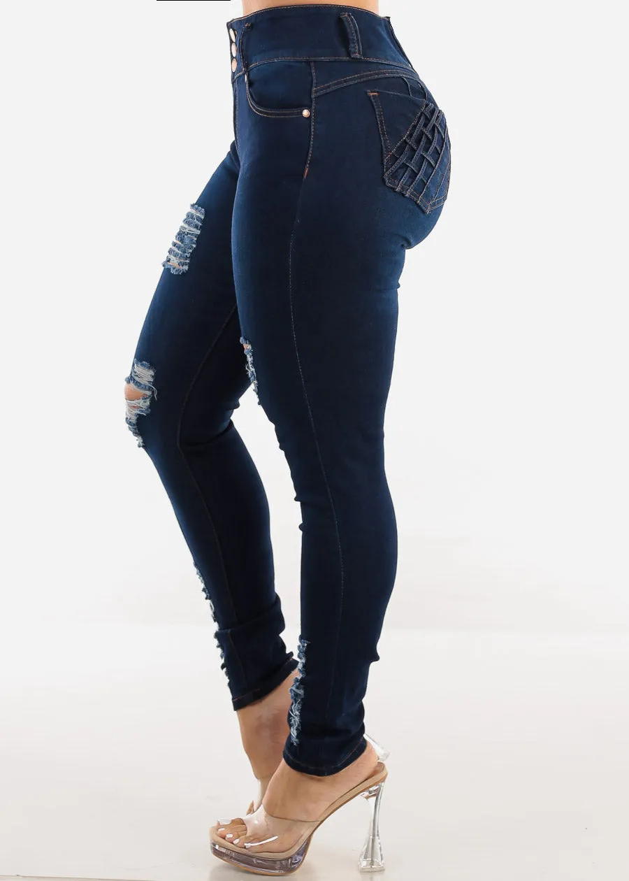 Ripped Levanta Cola Skinny Jeans Dark Blue w Braided Pockets sold by Moda product image thumbnail 4