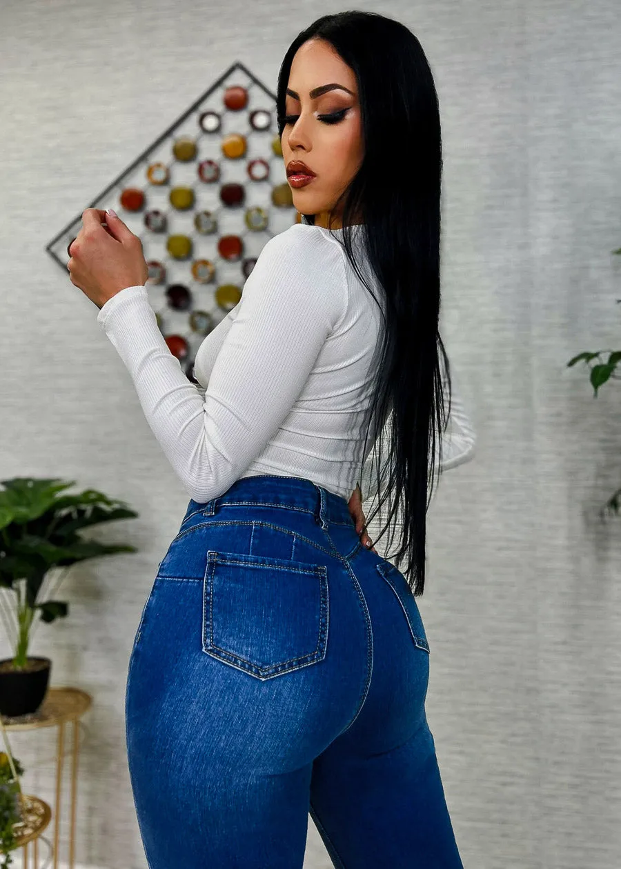 Classic One Button Butt Lifting Bootcut Jeans Med Blue sold by Moda product image thumbnail 2