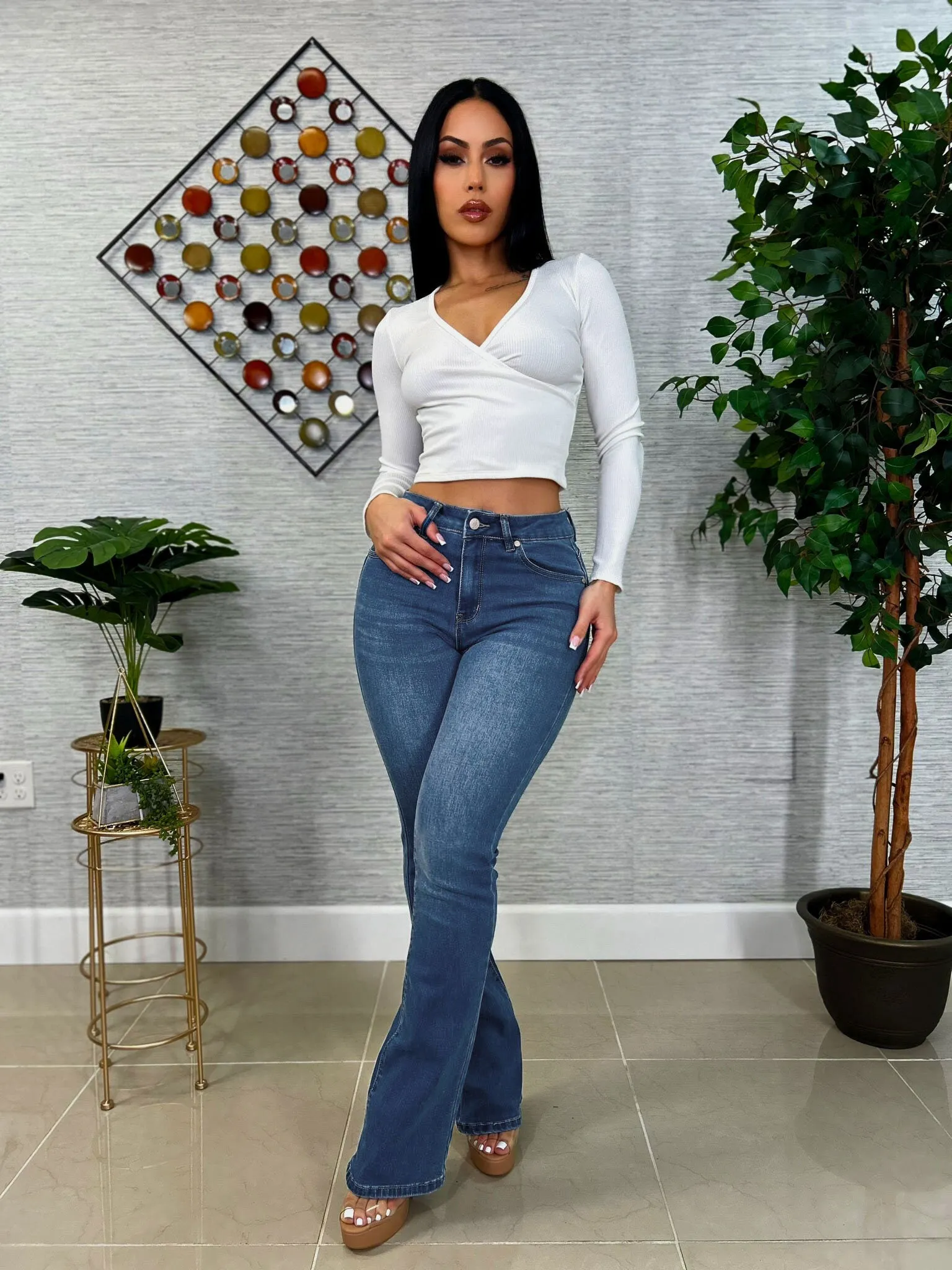 Classic One Button Butt Lifting Bootcut Jeans Med Blue sold by Moda product image thumbnail 3