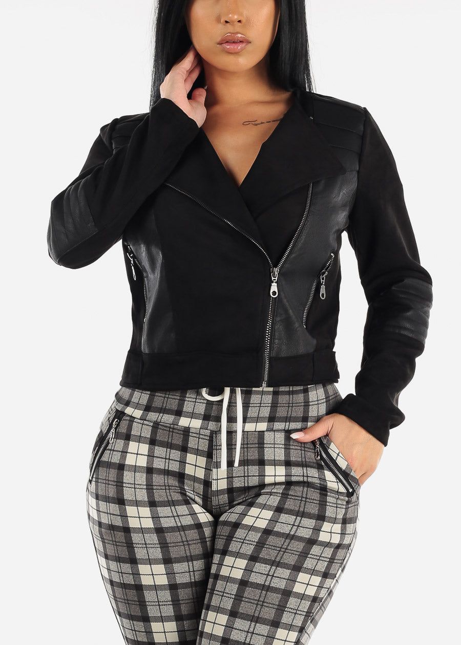 Black Suede & Pleather Moto Jacket sold by Moda