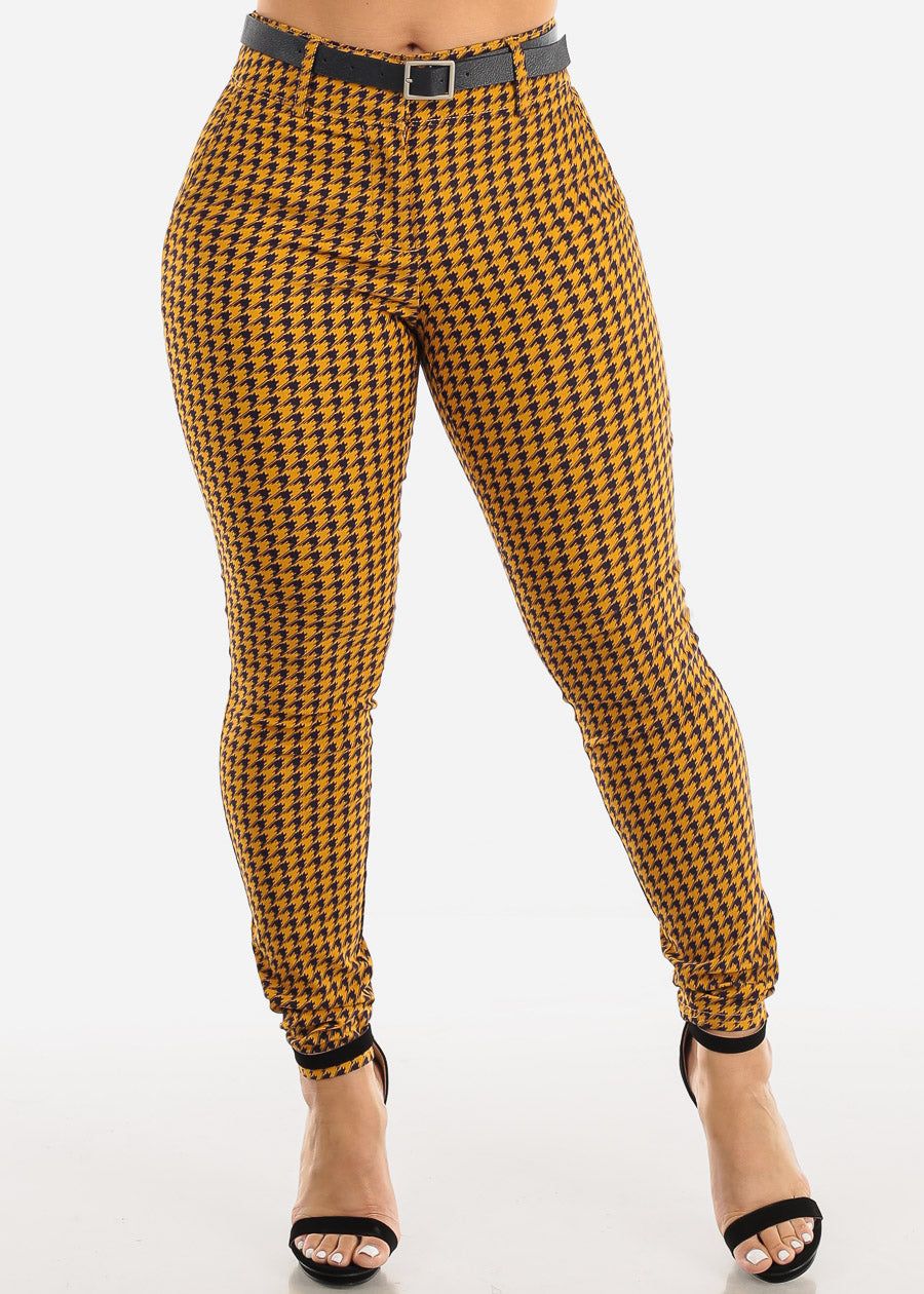 Mid Rise Printed Dressy Skinny Pants Mustard w Belt sold by Moda