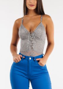 Sexy Sleeveless Lace Bodysuit Grey sold by Moda
