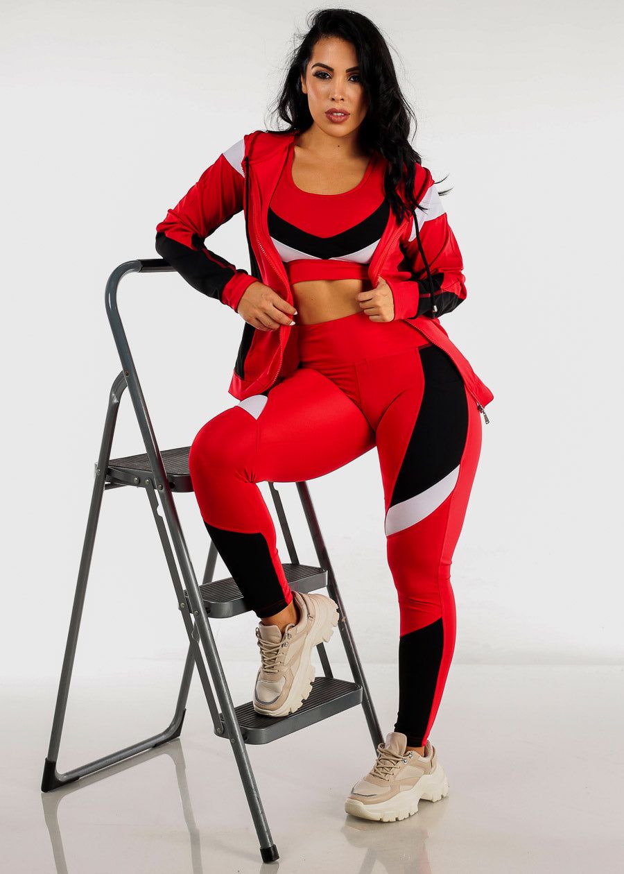 Red Activewear Jacket, Sports Bra & Leggings (3 PCE SET) sold by Moda
