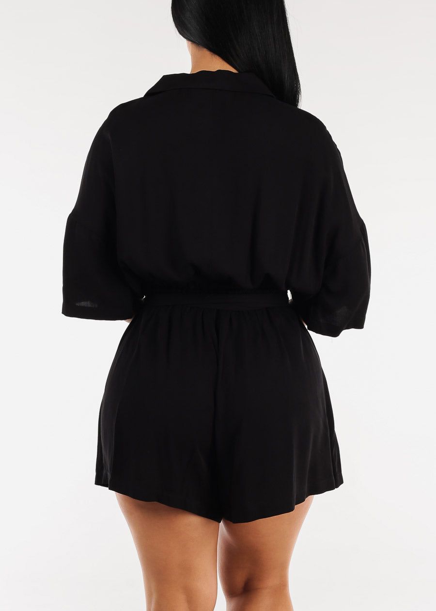 Black Short Sleeve Button Up Romper w Tie Belt sold by Moda product image thumbnail 4