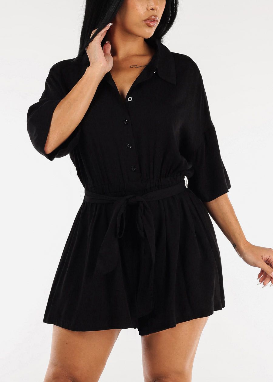 Black Short Sleeve Button Up Romper w Tie Belt sold by Moda