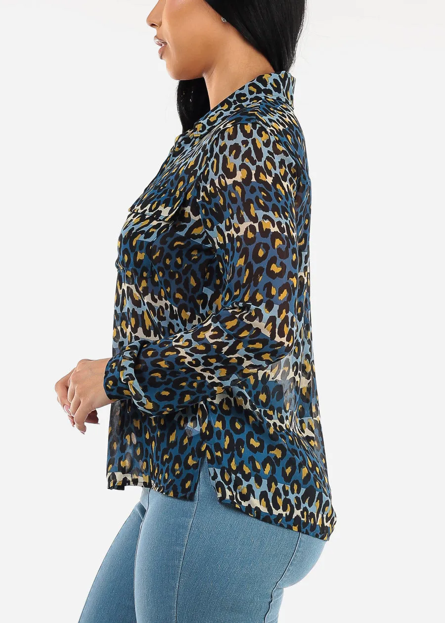 Chiffon Long Sleeve Animal Print Collared Blouse Blue sold by Moda product image thumbnail 3