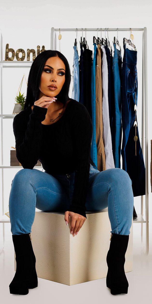 Light Wash Mid Rise Butt Lifting Skinny Jeans with Cropped Cable Knit Black Boat Neck Sweater sold by Moda product image thumbnail 2