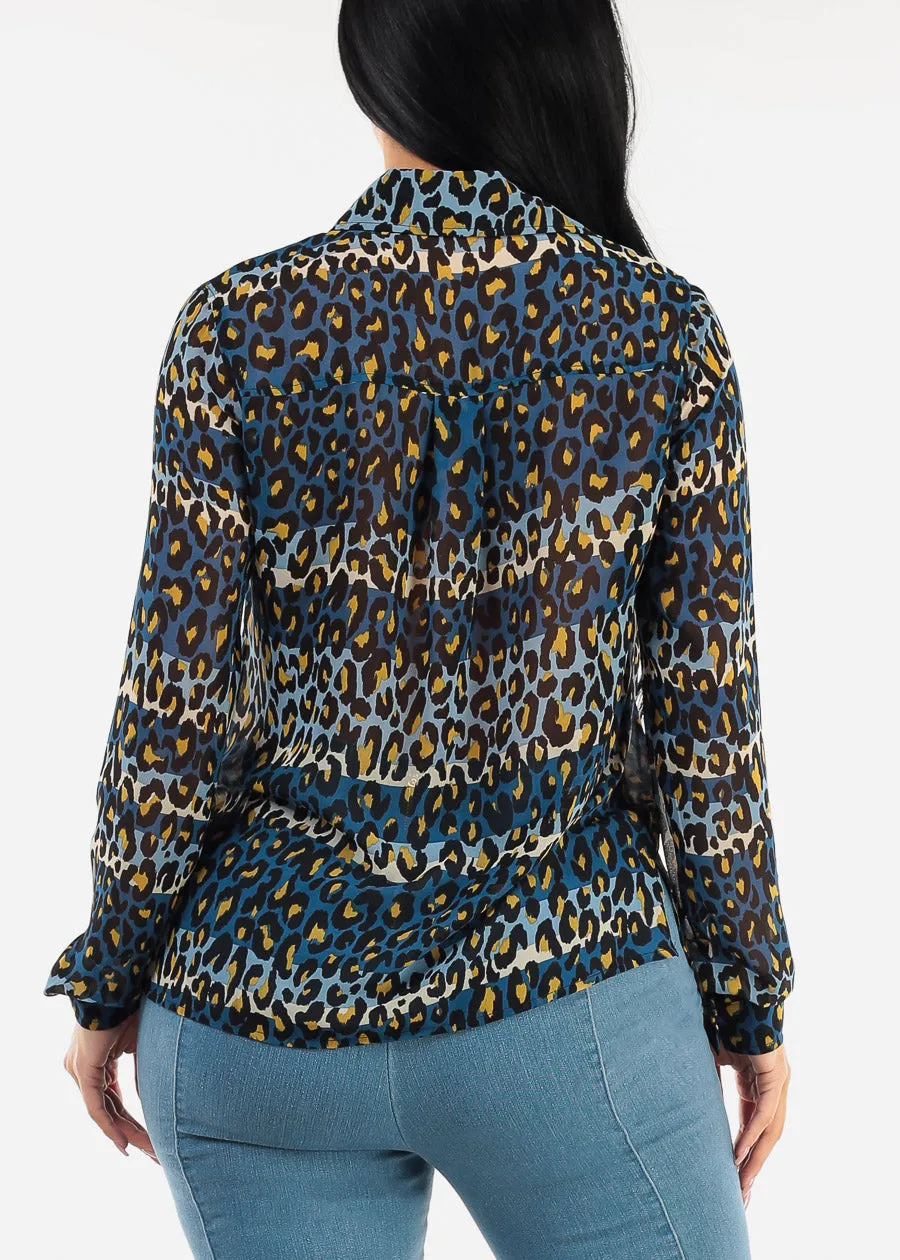 Chiffon Long Sleeve Animal Print Collared Blouse Blue sold by Moda product image thumbnail 4