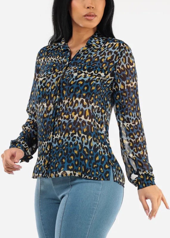 Chiffon Long Sleeve Animal Print Collared Blouse Blue sold by Moda