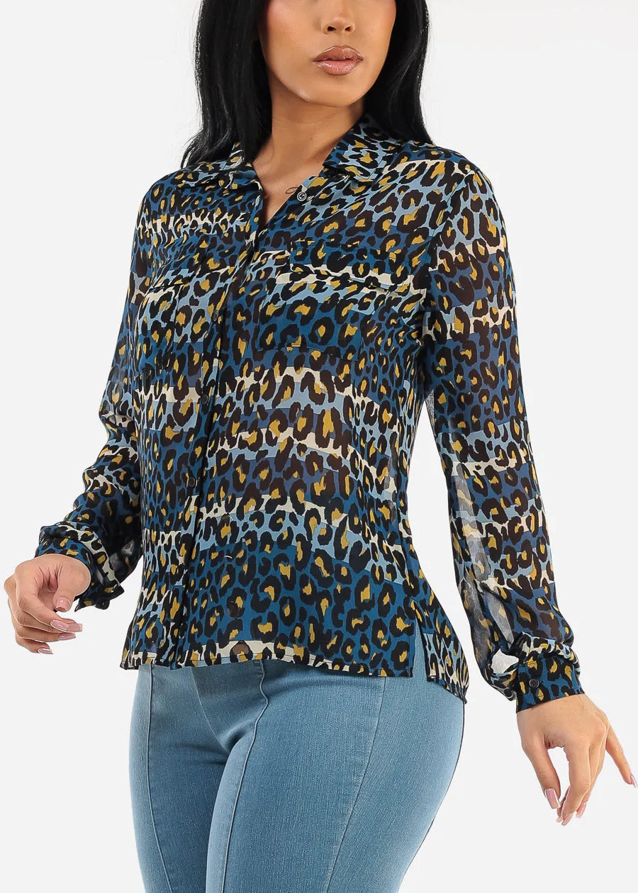 Chiffon Long Sleeve Animal Print Collared Blouse Blue sold by Moda