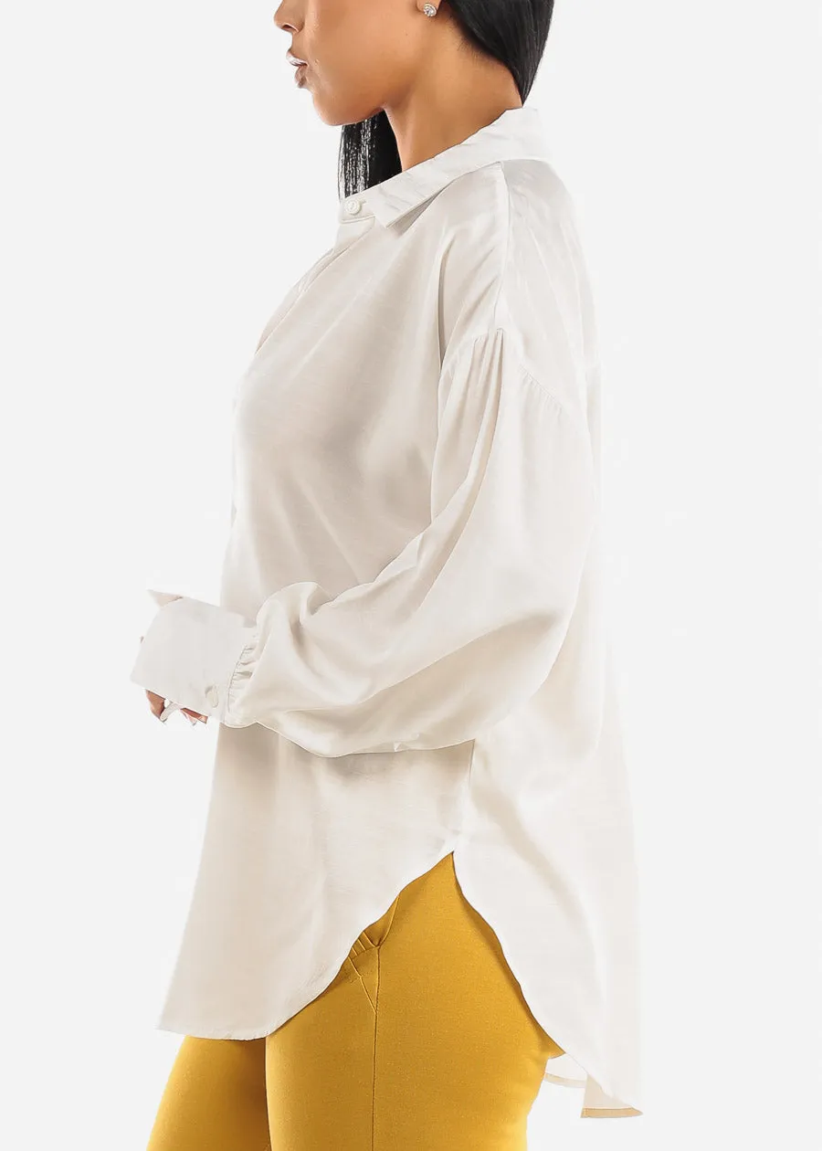 Long Sleeve Button Up Glossy Satin Collared Blouse Ivory sold by Moda product image thumbnail 4