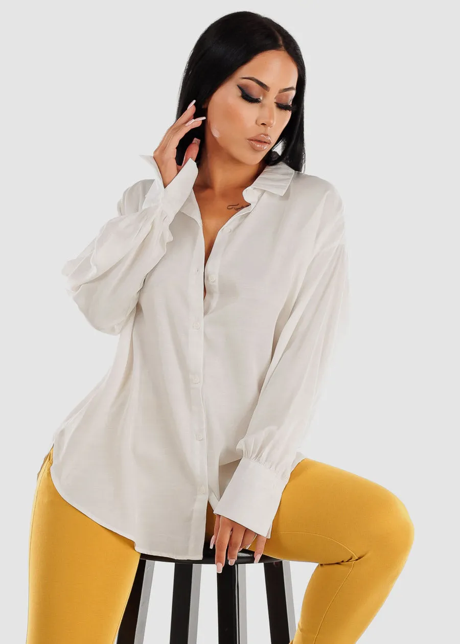 Long Sleeve Button Up Glossy Satin Collared Blouse Ivory sold by Moda